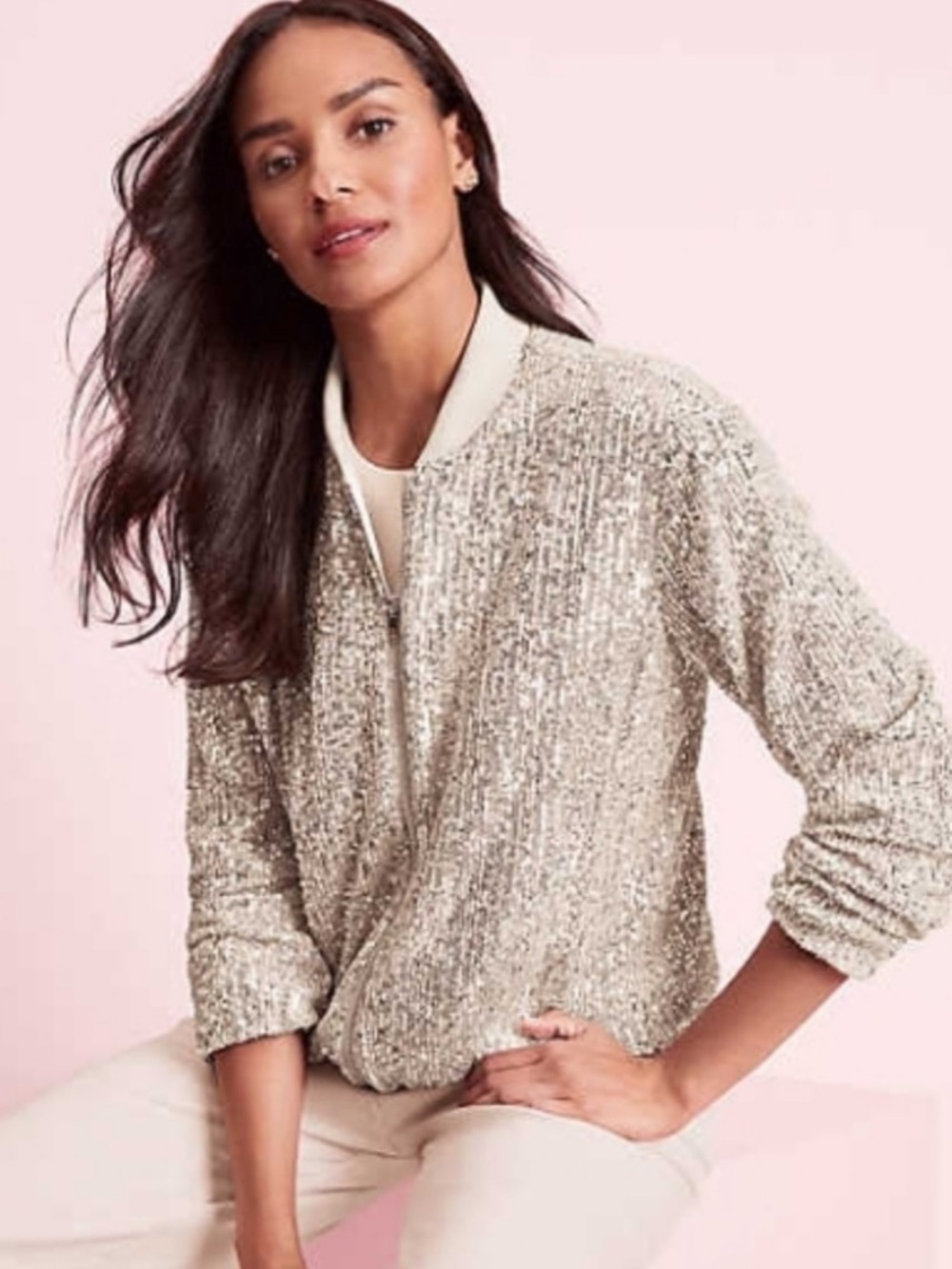 LOFT Silver Sequin Bomber with Ribbed Trim